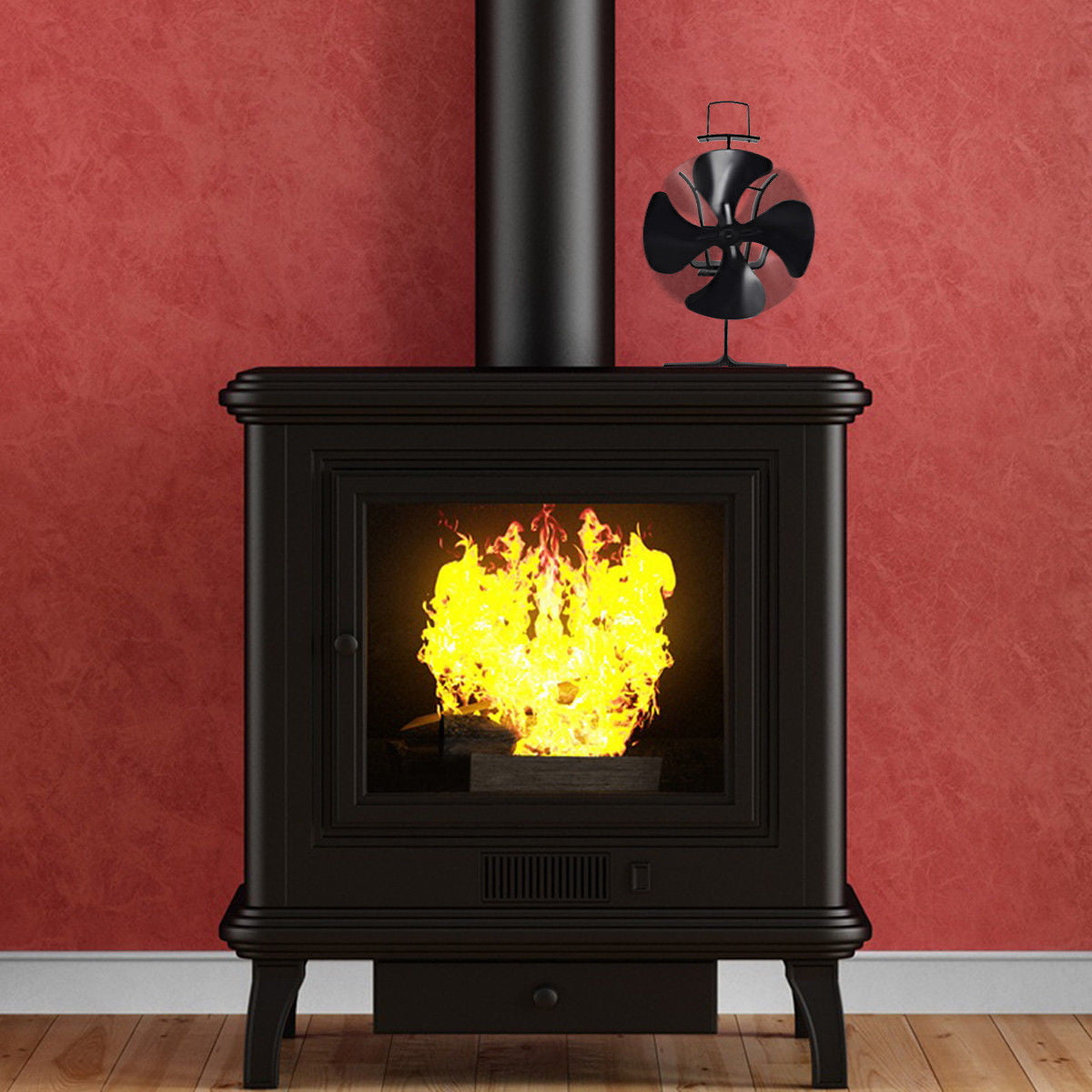 Black Heat Powered Wood Log Burning Fireplace Burner Mini Stove Top Fan 4 Blades 