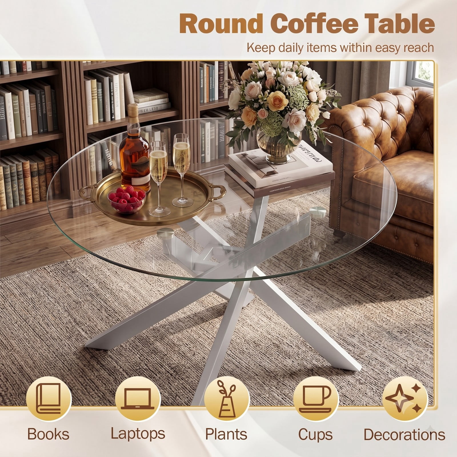Furnibear Round Glass Coffee Table, Modern Tempered Glass Top Center Table with Geometric Metal Frame for Living Room, Adjustable Foot Pads, Clear & Silver
