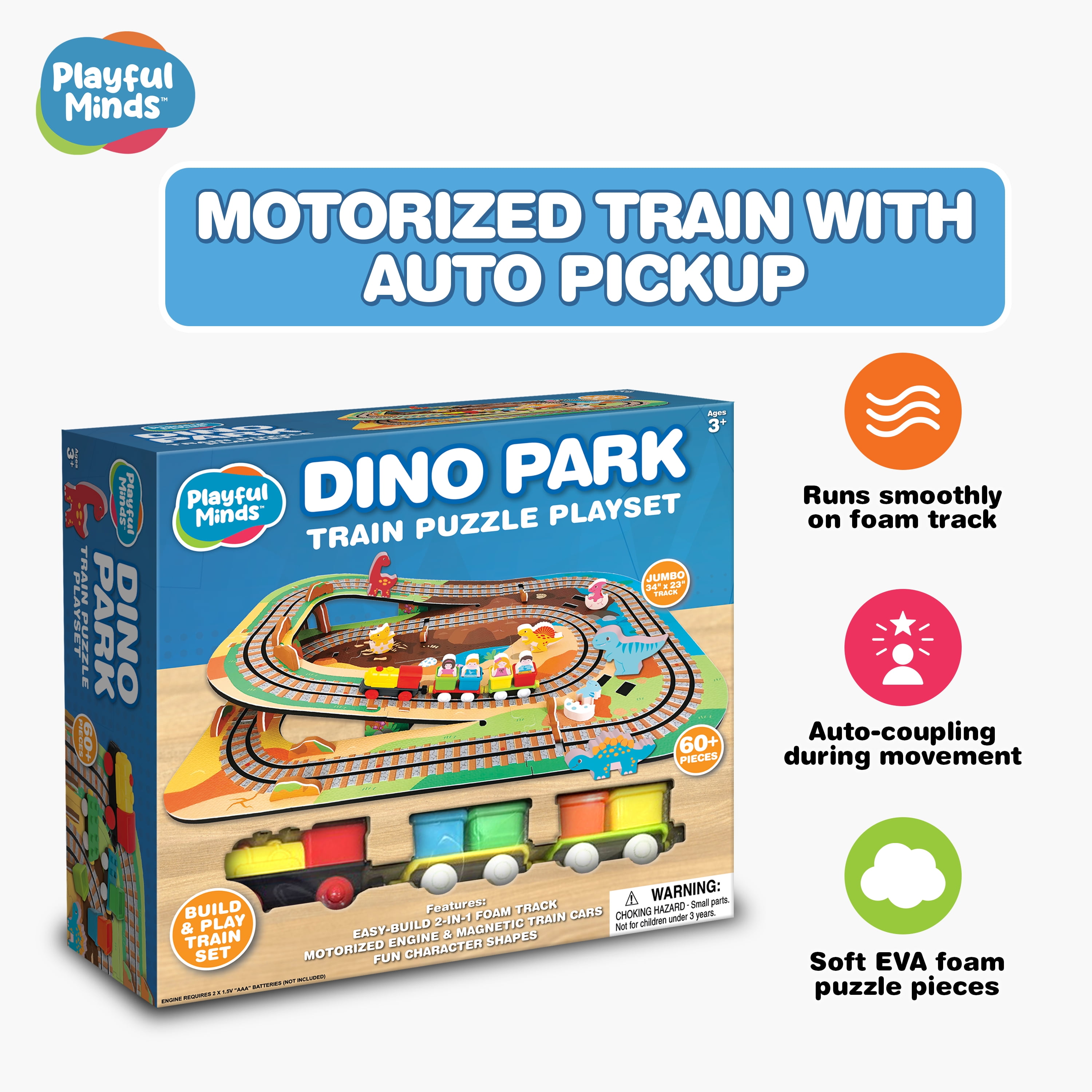 Playful Minds Dino Park Train Puzzle – 60 Pc Foam Track & Motorized Train Set for Kids 3-5