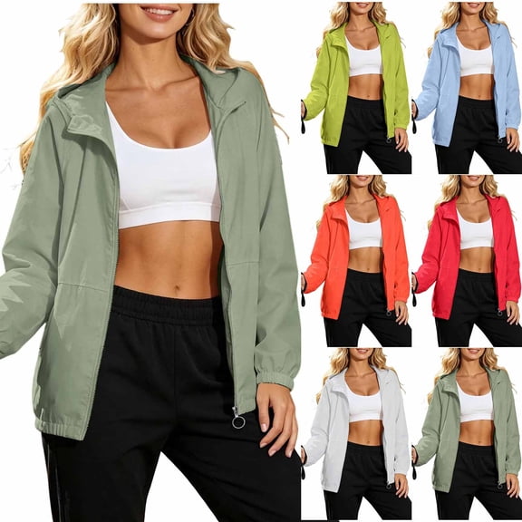 SEMPAI Women's Lightweight Jacket Windproof Long Sleeve Hooded Jackets Casual Zipper Solid Coat Trendy Outdoor Travel Vacation Outerwear with Pockets Blue L