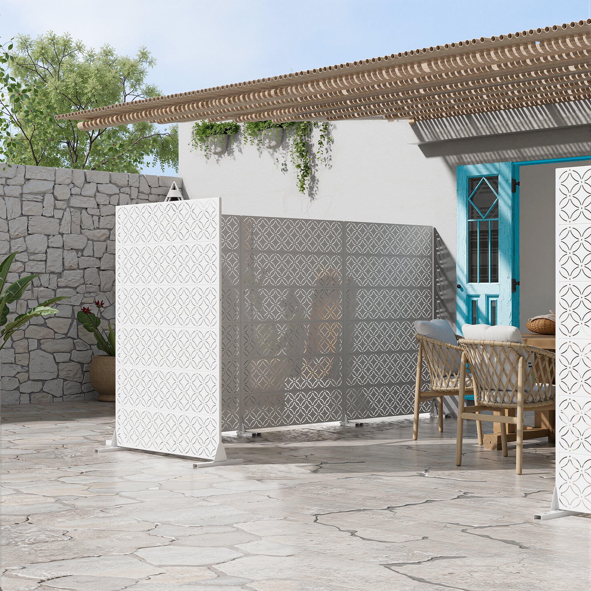 MAYEERTY 72 × 47in Outdoor Privacy Screen with Stand Metal Balcony Decorative Screen, White