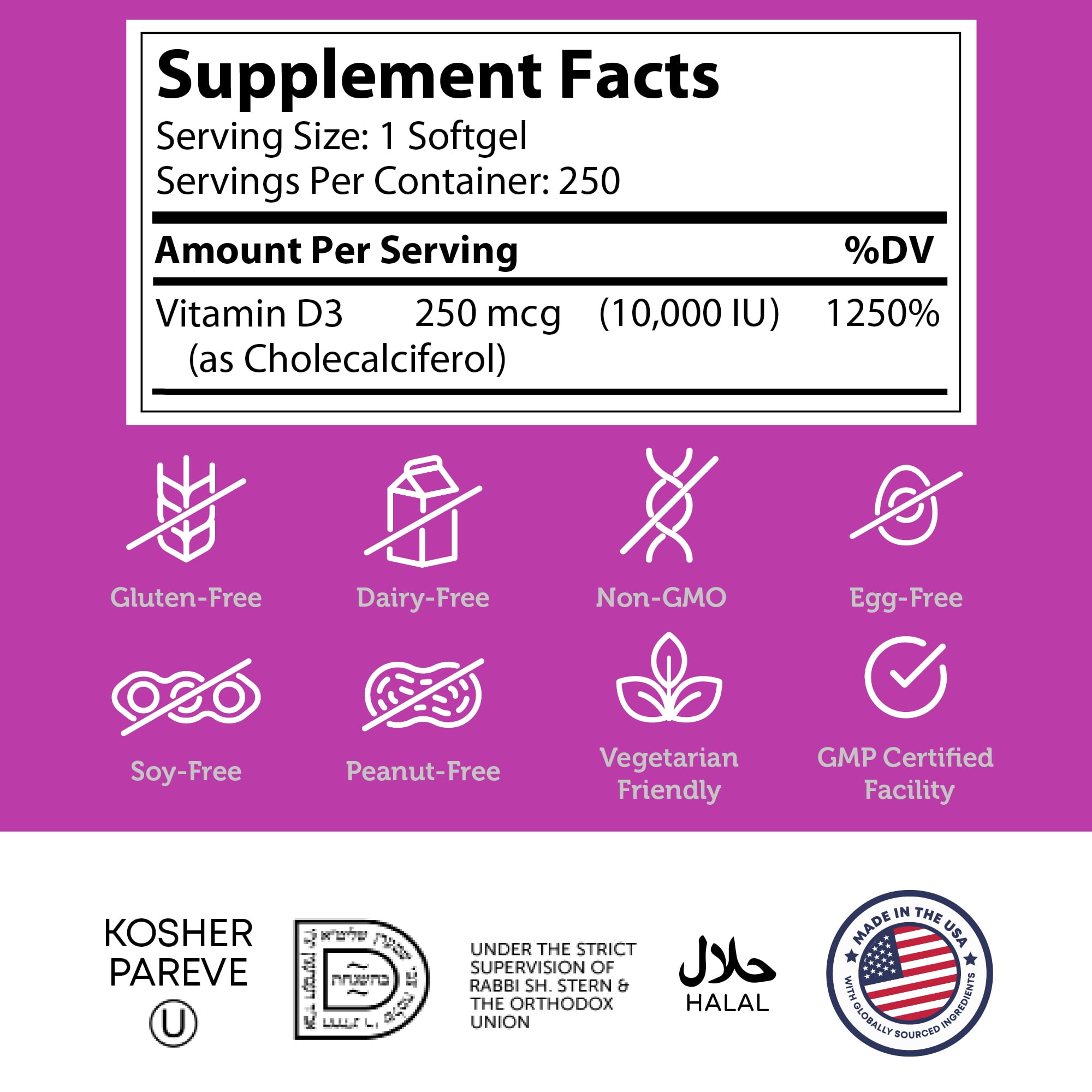 Zahler Vitamin D3 10,000 IU 250 mcg, 250 Softgels, Advanced D3 Formula, Immune Support, Bone Health, Vitamin D Supplement