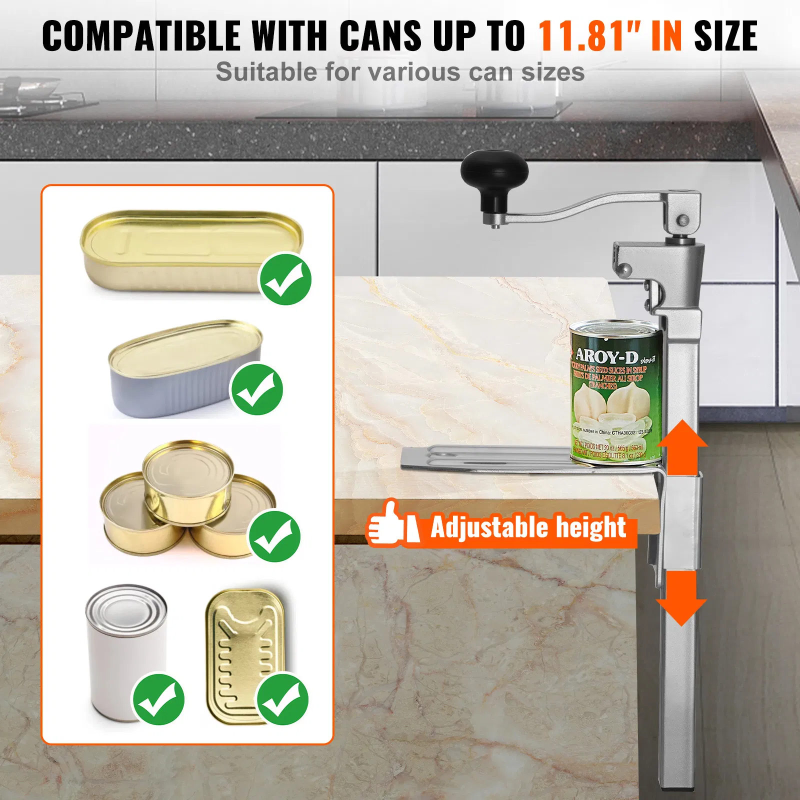 Heavy-Duty Manual Tabletop Can Opener for Cans Up to 11.8 Inches,Adjustable Height Professional Stainless Steel Blade Ideal for Restaurants and Food Stores