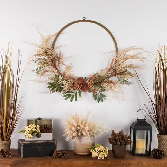 Northlight Fall Harvest Pale Roses with Foliage Artificial Wreath, 24-Inch, Unlit