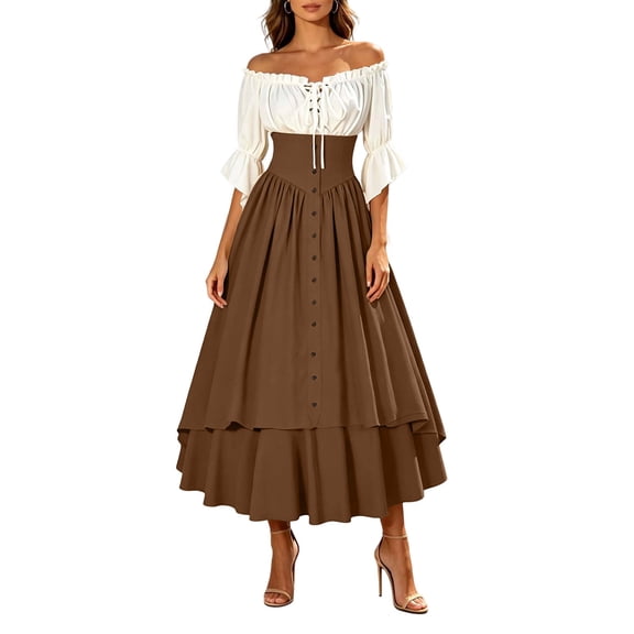 Hurxie Women Renaissance Costume Medieval Victorian High Waisted Button Skirt Set