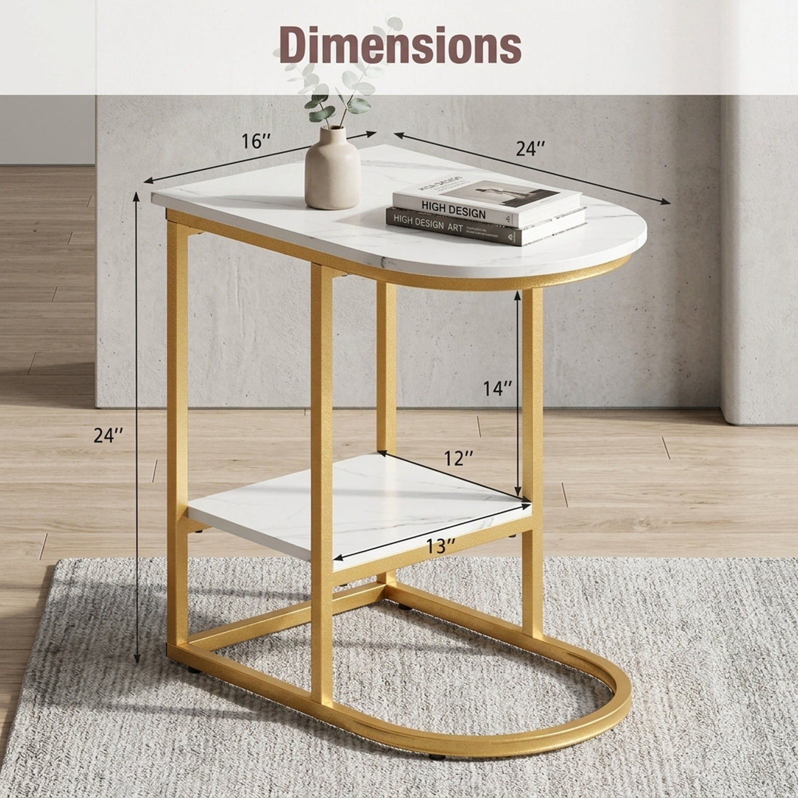 Furnibear C Shaped Modern Sofa Side Table with Faux Marble Tabletop and Two Tier Storage Shelf for Living Room Bedroom and Lounge, White