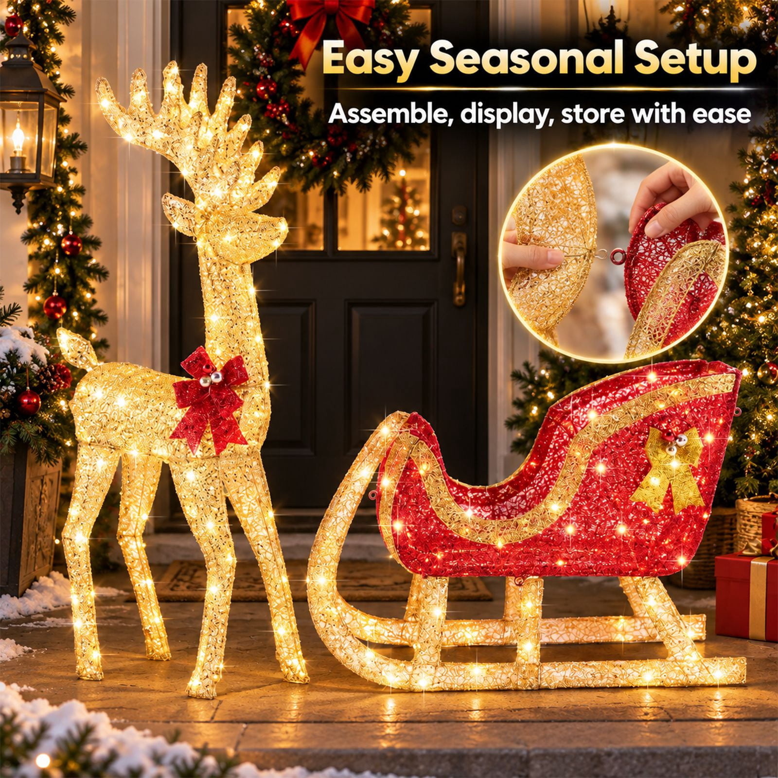 Alvantor Christmas Decoration Lighted Reindeer Sleigh, 180 LEDs, Yard Decor, Gold, 25.6 x 9.1 x 47.6 In