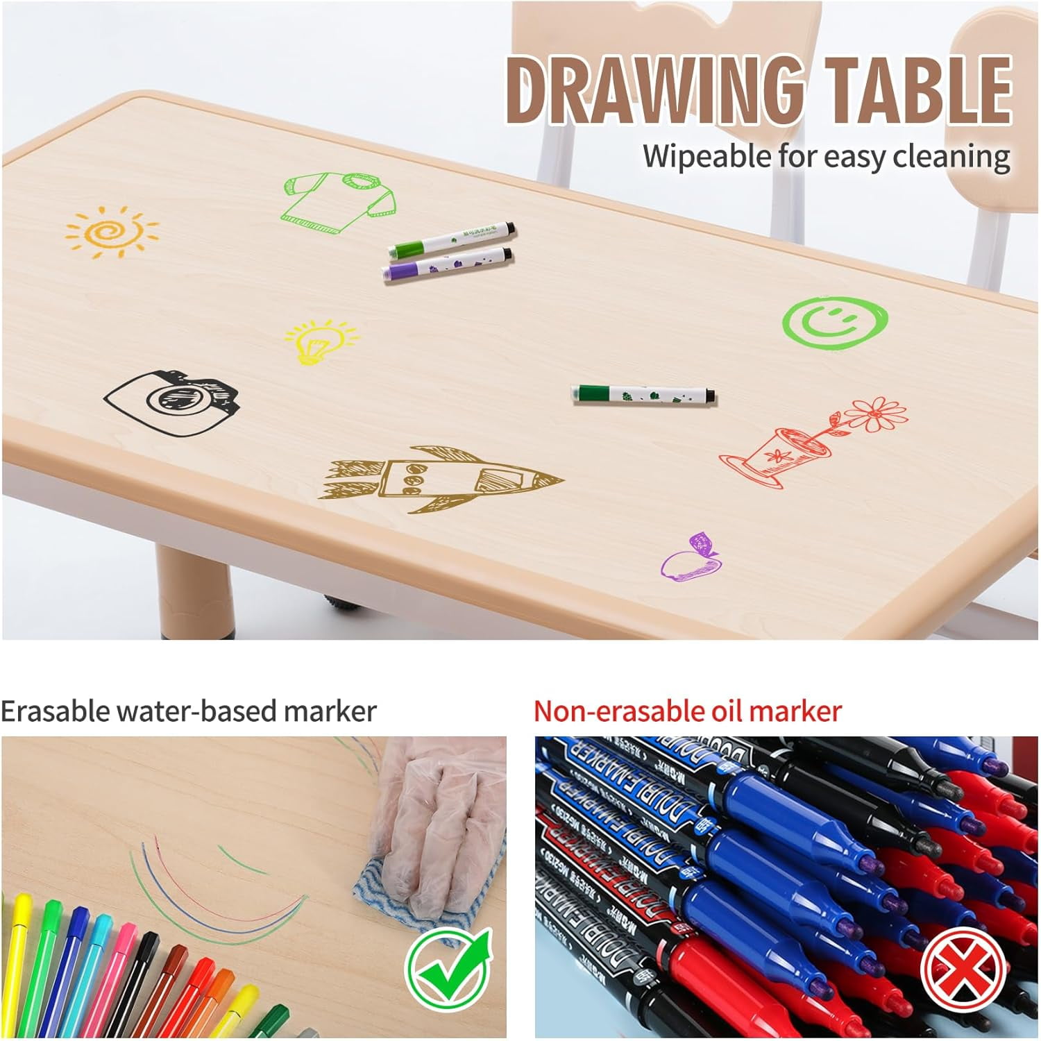 HOMEZY-US Kids Table and Chairs Set, Height Adjustable Multi-Activity Preschool Table with Graffiti Desktop for Ages 2-8 Versatile Kids Tables for Play, Learning, and Creativity