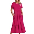 thumbnail image 1 of Qucoqpe - Vestido playero largo informal de verano para mujer, de manga corta, cuello redondo, holgado, con capas y bolsillos, en liquidación, 1 of 5