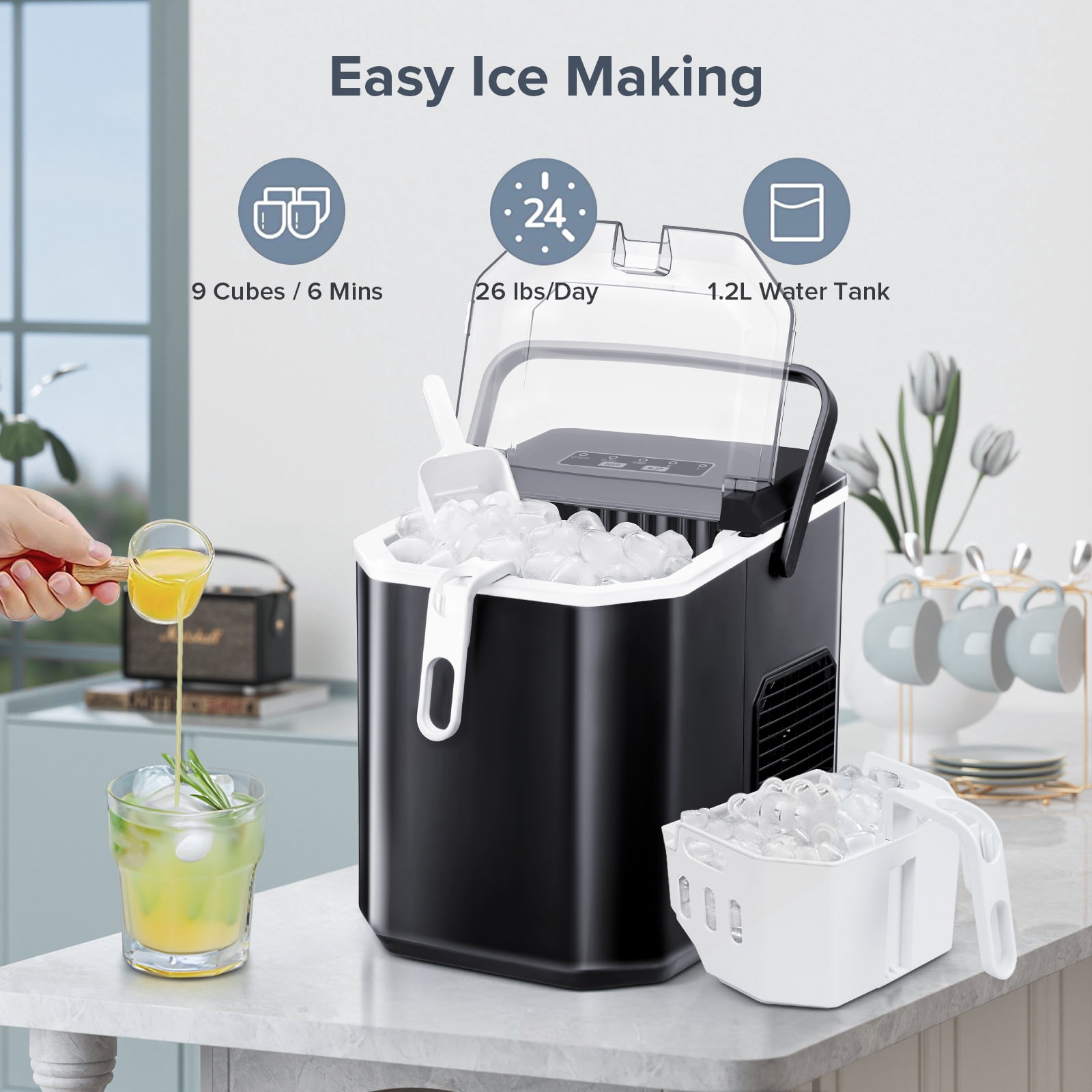 Auseo Portable Countertop Ice Maker, 26Lbs/24H, 9 Bullet-Shaped Ice in 8 Mins, with Handle/Ice Scoop/Ice Basket, for Home/Office/Bar/Party (Black)