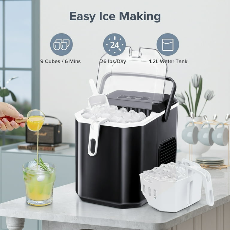 Auseo Portable Ice Maker Countertop, 9Pcs/8Mins, 26lbs/24H, Self-Cleaning  Ice Machine with Handle for Kitchen/Office/Bar/Party(White)