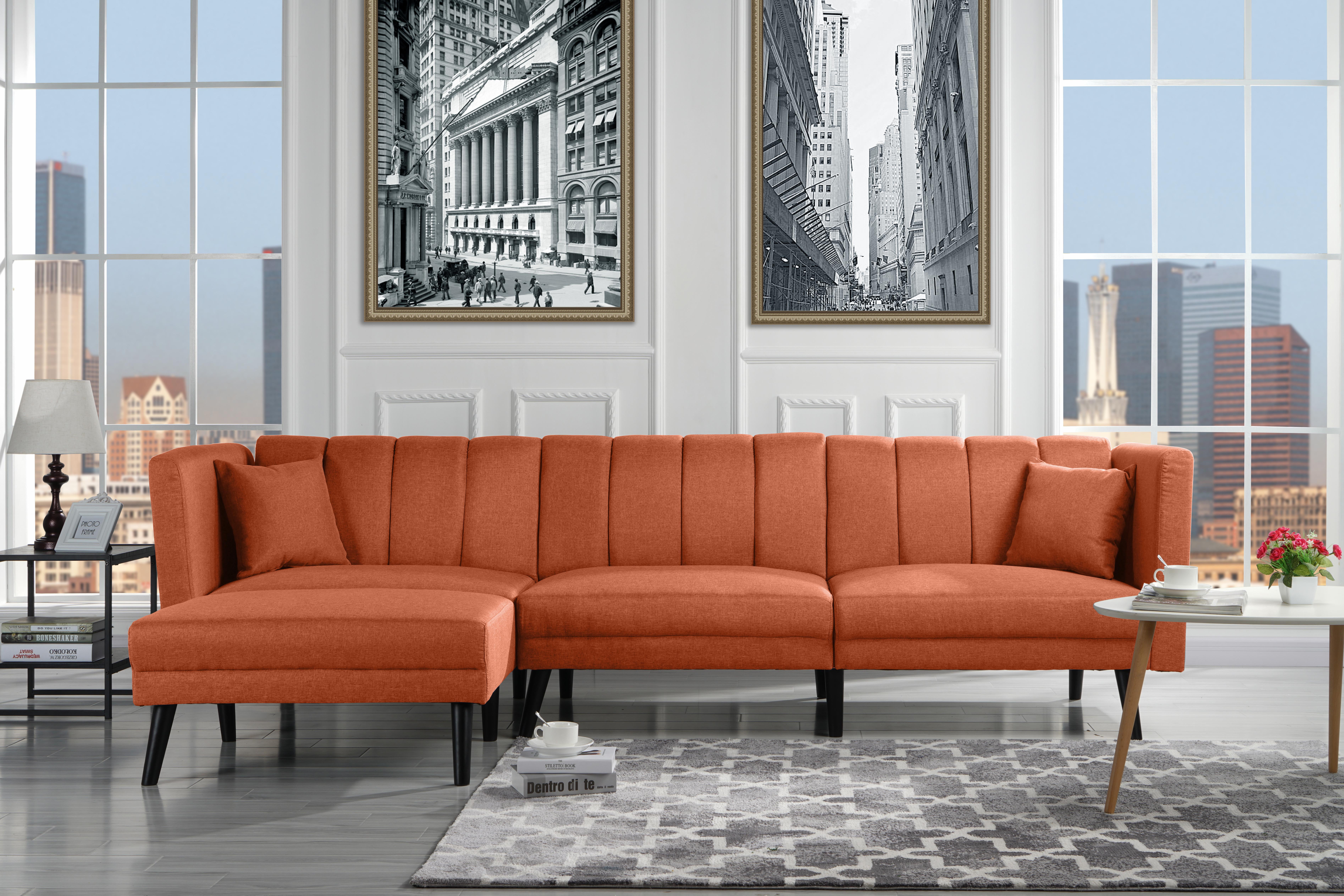 MidCentury Style Sectional Couch Sleeper Futon, Reclining, Orange