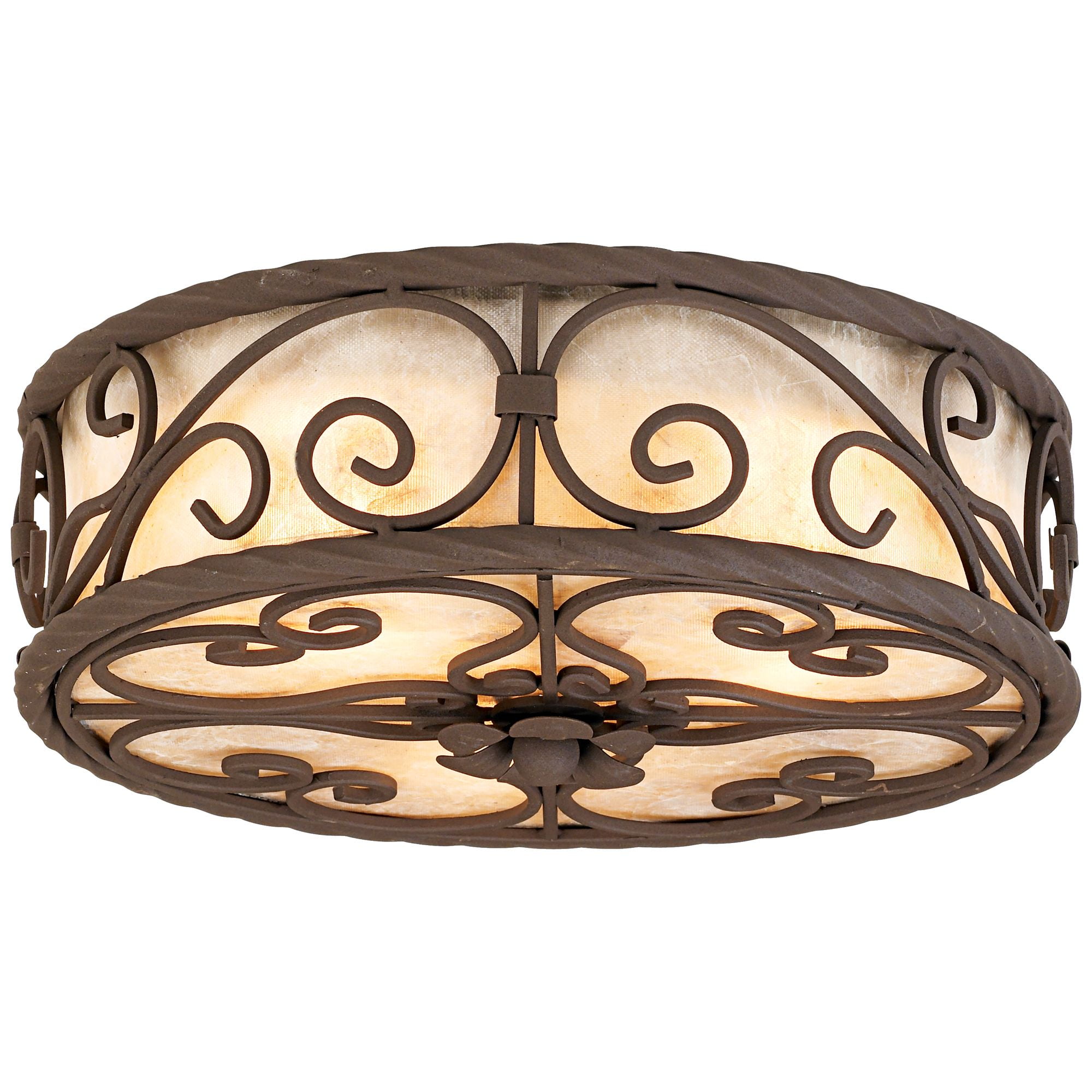 John Timberland Natural Mica Rustic Ceiling Light Flush Mount Fixture 12" Wide Dark Walnut Scroll 3-Light Drum Shade for Bedroom Kitchen Living Room