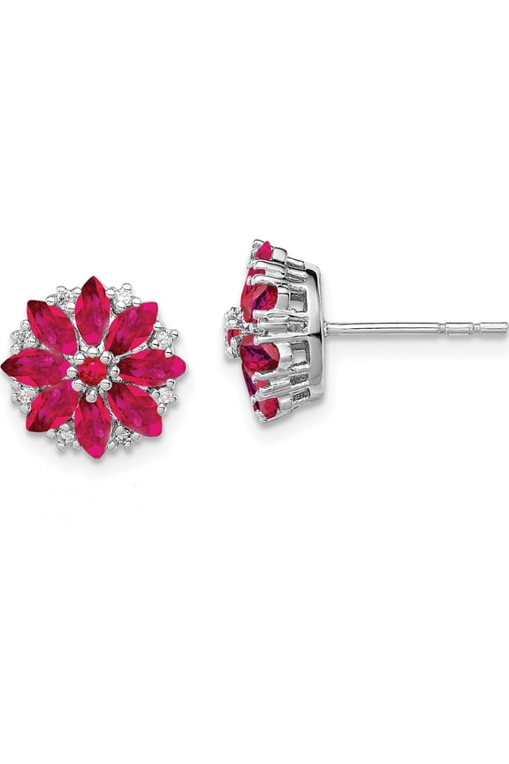 Sterling Silver Rhodium-Plated Diamond & Ruby Earrings (10 X 10) Made In India qe9988r