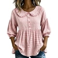 thumbnail image 3 of BODOAO Women's 2026 Gingham Peplum Blouse, 3/4 Puff Sleeve Button Down Shirt, Lightweight Breathable Loose Fit Cute Casual Top for Summer Fall Daily Wear Outfits Pink L, 3 of 4