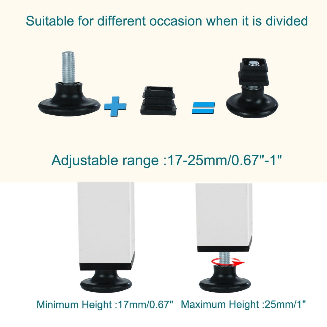 Unique Bargains 10Pcs Adjustable Feet Square Inserts Furniture Glide Black 0.79" x 0.79"