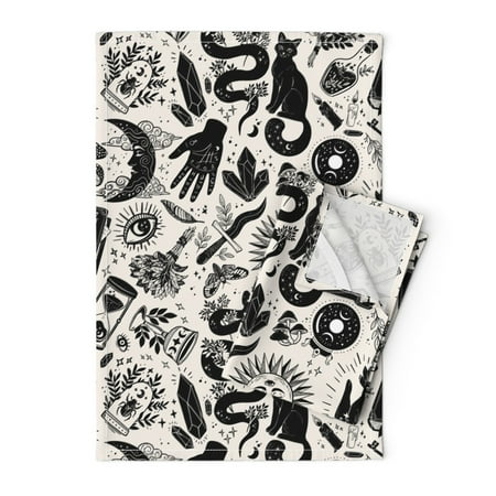 

Printed Tea Towel Linen Cotton Canvas - Black White Goth Gothic Magic Halloween Witch Monochrome Print Decorative Kitchen Towel by Spoonflower