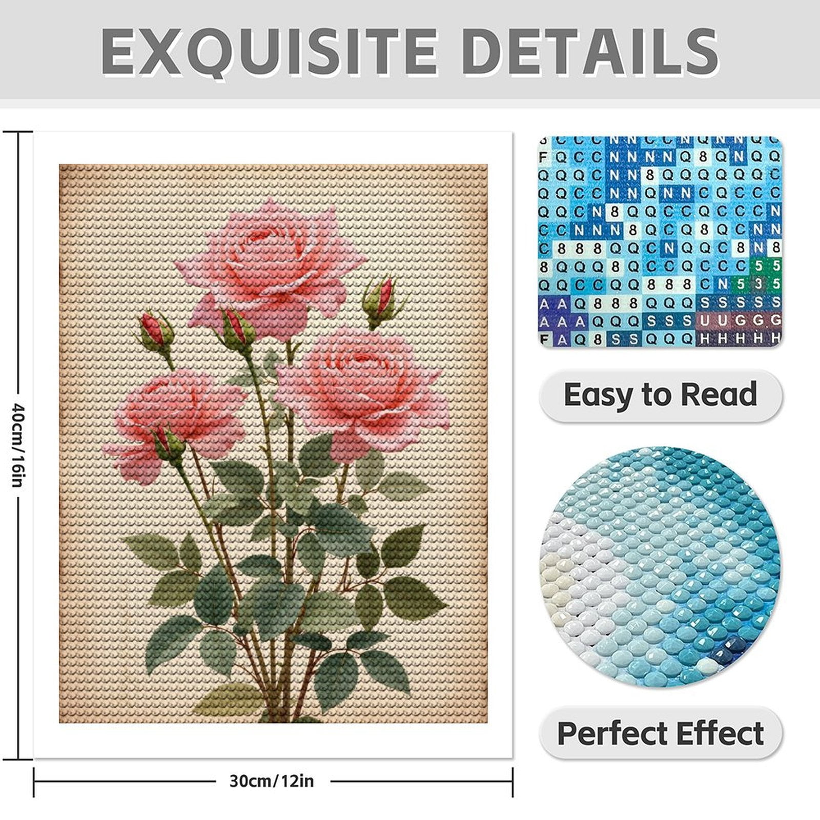Diamond Art Kit for Adults, Pink Roses Botanical Art Vintage Diamond Painting for Adults Beginners, 5D DIY Diamond Art Painting Kits, Colorful Diamond Painting Craft for Home Decor 12x16