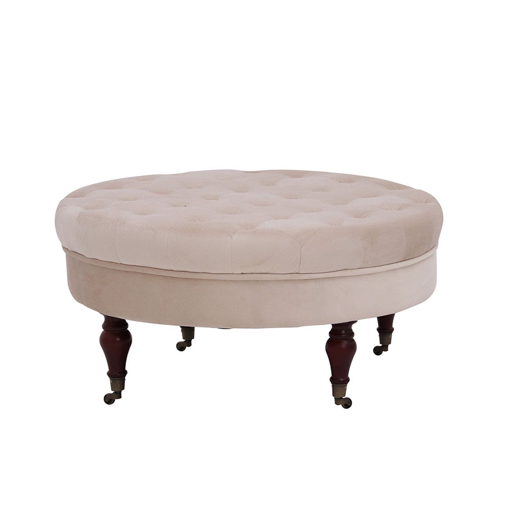 32 in. Beige Velvet Upholstered Round Cocktail Ottoman with Wheels