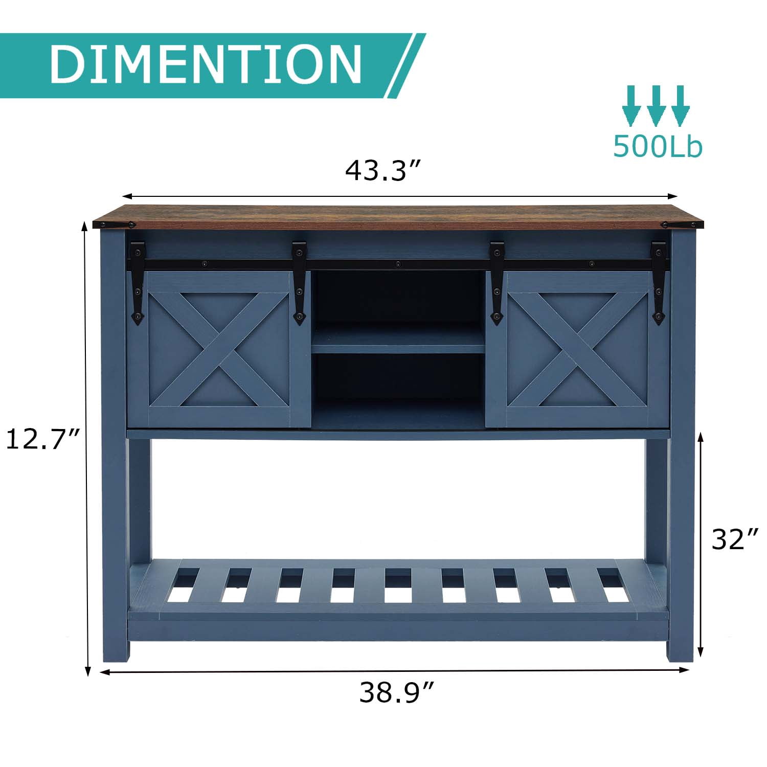 Entryway Table with Storage Shelf, Sliding Barn Doors Console Table for Living Room Hallway, Blue