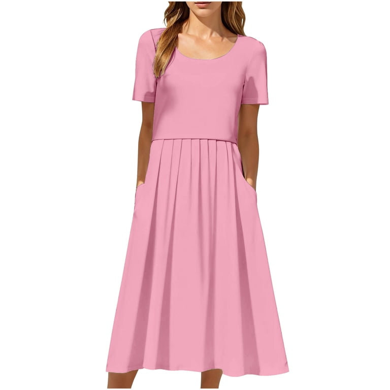 Ecqkame Womens Summer Casual Dress Loose Solid Color Crew Neck 