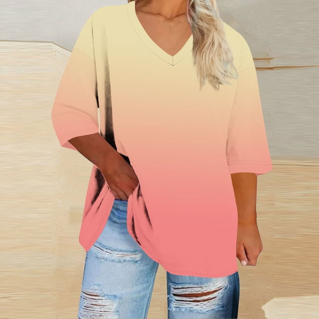 Heisall Womens Tshirts 3/4 Sleeve V-Neck Plus Size Loose Casual Print Daily Wear Fashion