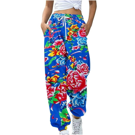 Summer Saving AXXD Blue Comfy Pants Women Fall Workout Pocket Loose Sports Pants With Drawstring Northeast Printed Casual Pants Valentine's Day