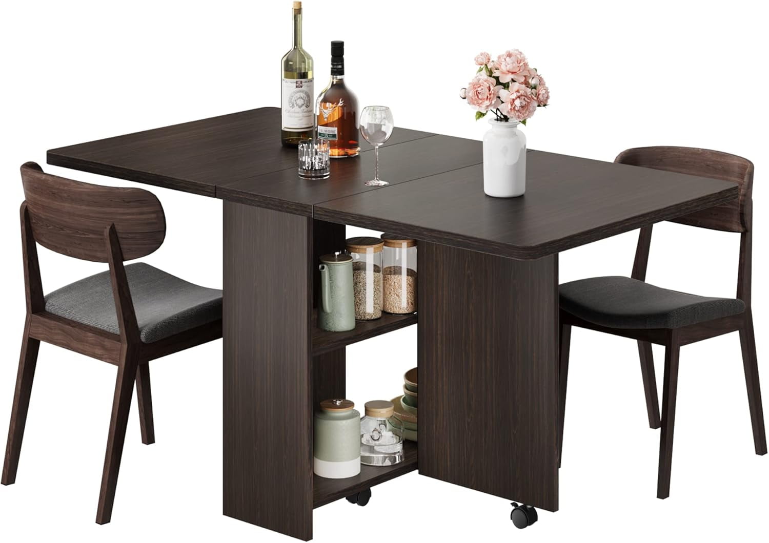 GAOMON Space-Saving Folding Dining Table with Drop Leaf, 6 Wheels & 2-Layer Storage Shelf, Versatile Table for Small Apartments, Dark Walnut