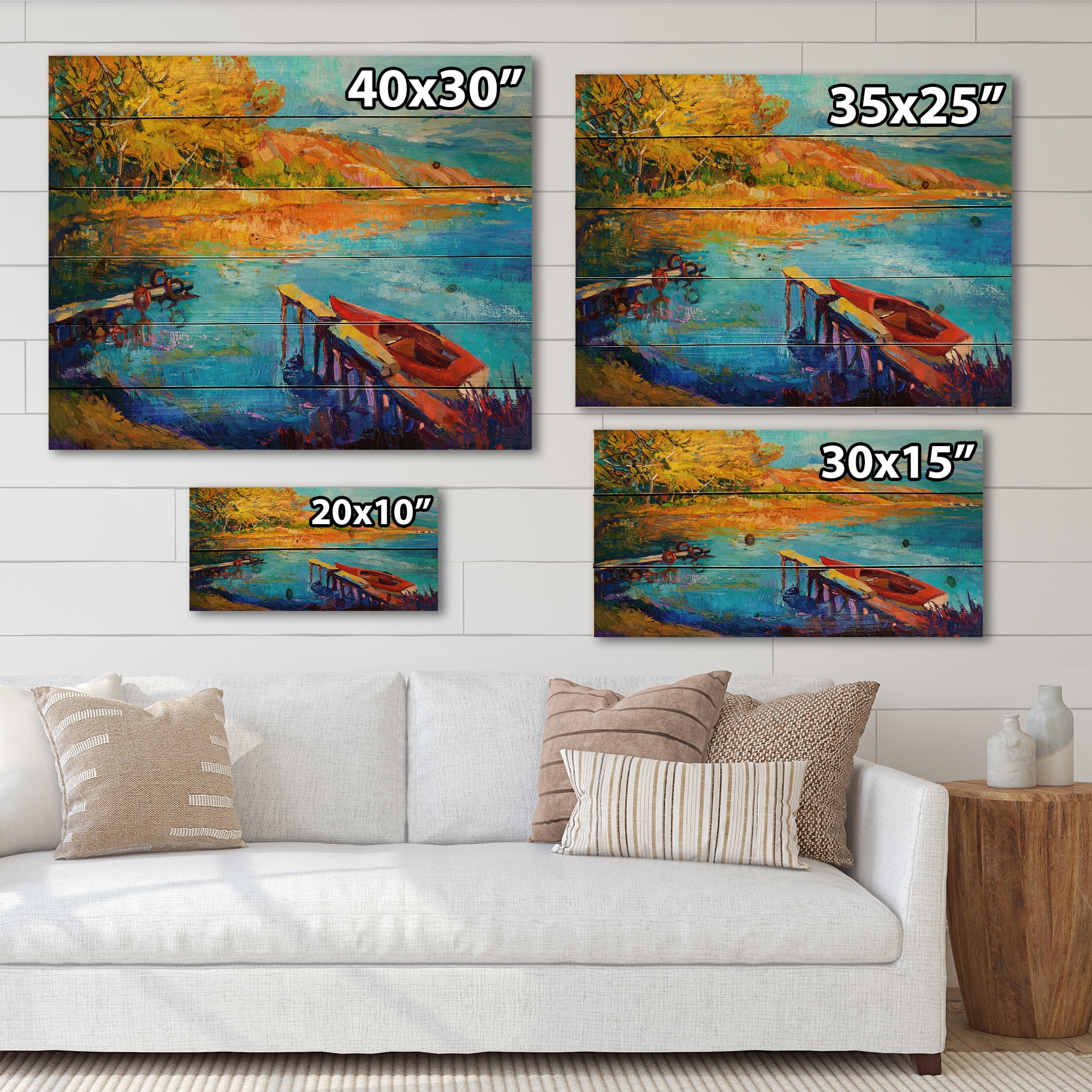Designart 'The Lake At Sunset Evening Glow II' Lake House Print on Natural Pine Wood