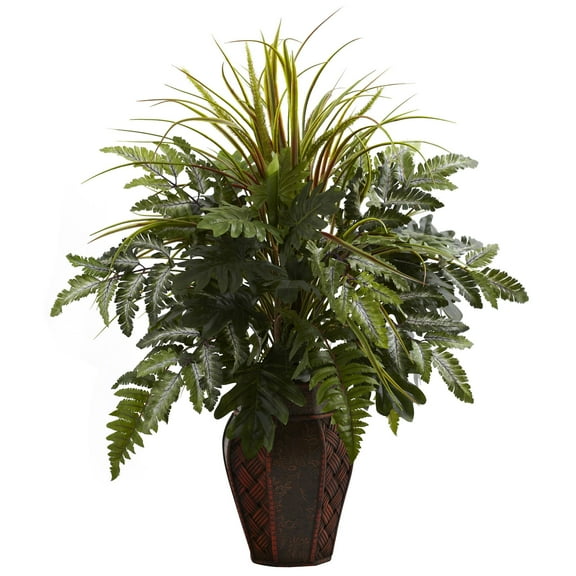Nearly Natural 6754 Mixed Grass and Fern with Decorative Planter, Green 7.5" x 9" x 30"