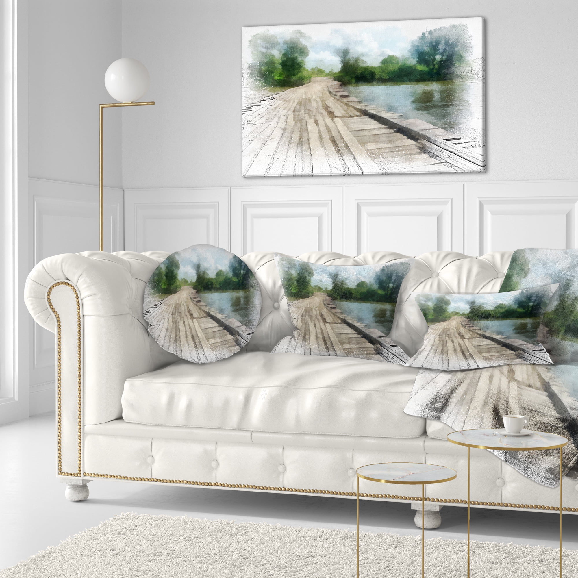 Designart Bridge over Waterfall in Forest - Landscape Printed Throw Pillow - 12x20