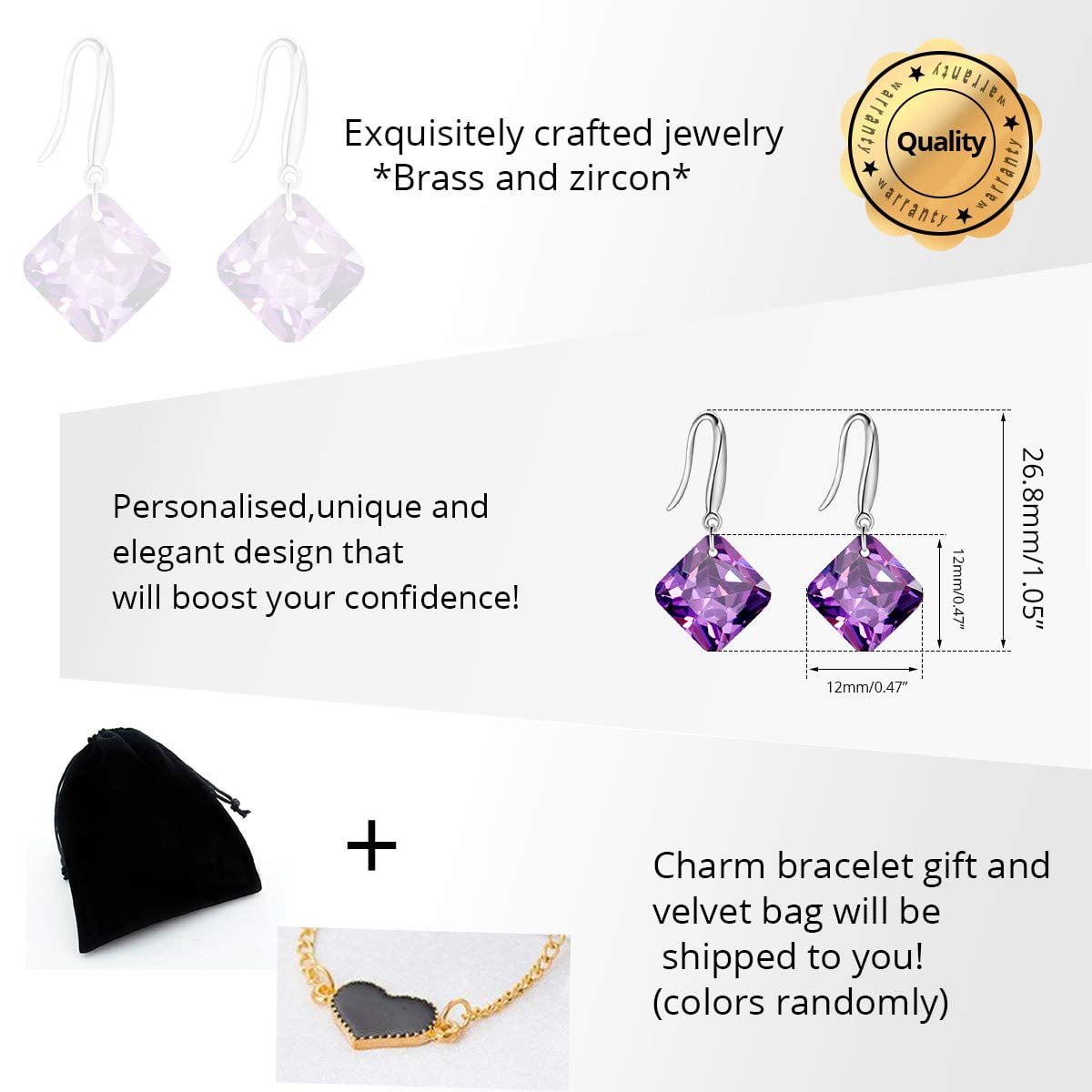 Uloveido Silver Rhombus Square Cubic Zirconia Dangle Earrings - Platinum Plated, Nickel-Free (Great Gift)