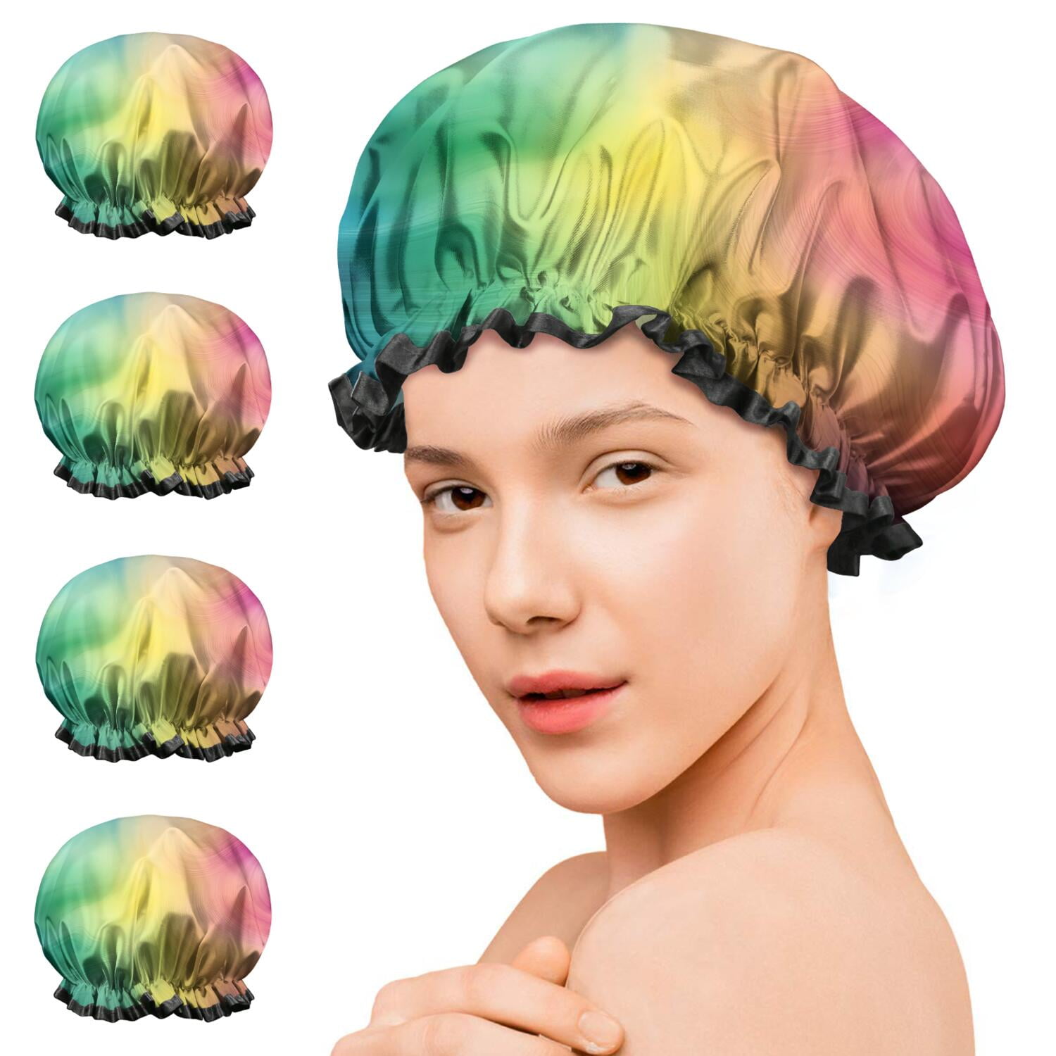 Shower Caps,Rainbow Tie Dye Swirl Pattern Waterproof Shower Cap for Women 4 Pieces,Double Reusable Hair Cover for Shower PEVA Elastic Stretch Hem