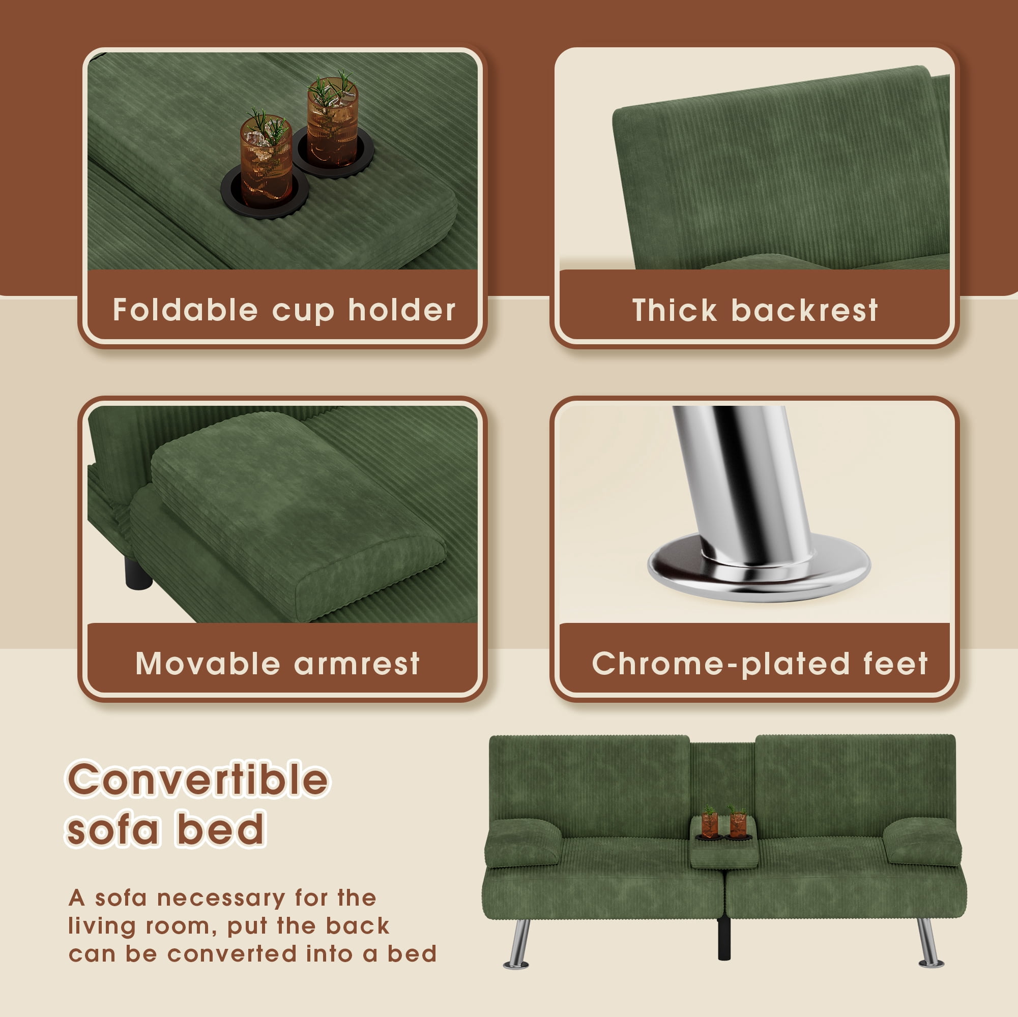 Homall  Futon Sofa Bed with Armrests and Cup Holders,  Adjustable Backrest Angles, Convertible bed, Green