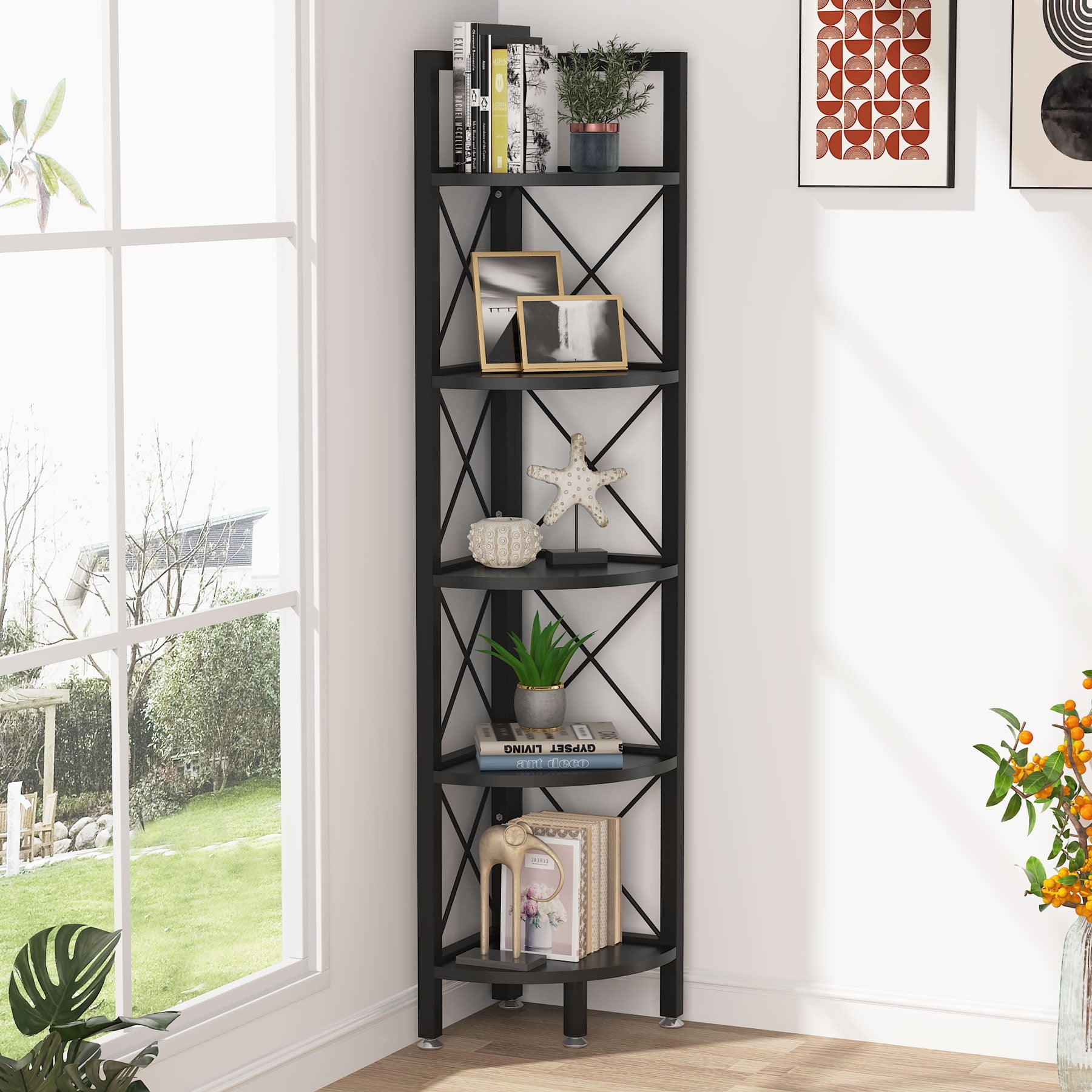 5-Tier Corner Shelf, 60 Inch Bookcase for Living Room, Industrial Corner  Storage Rack Plant Stand for Home Office
