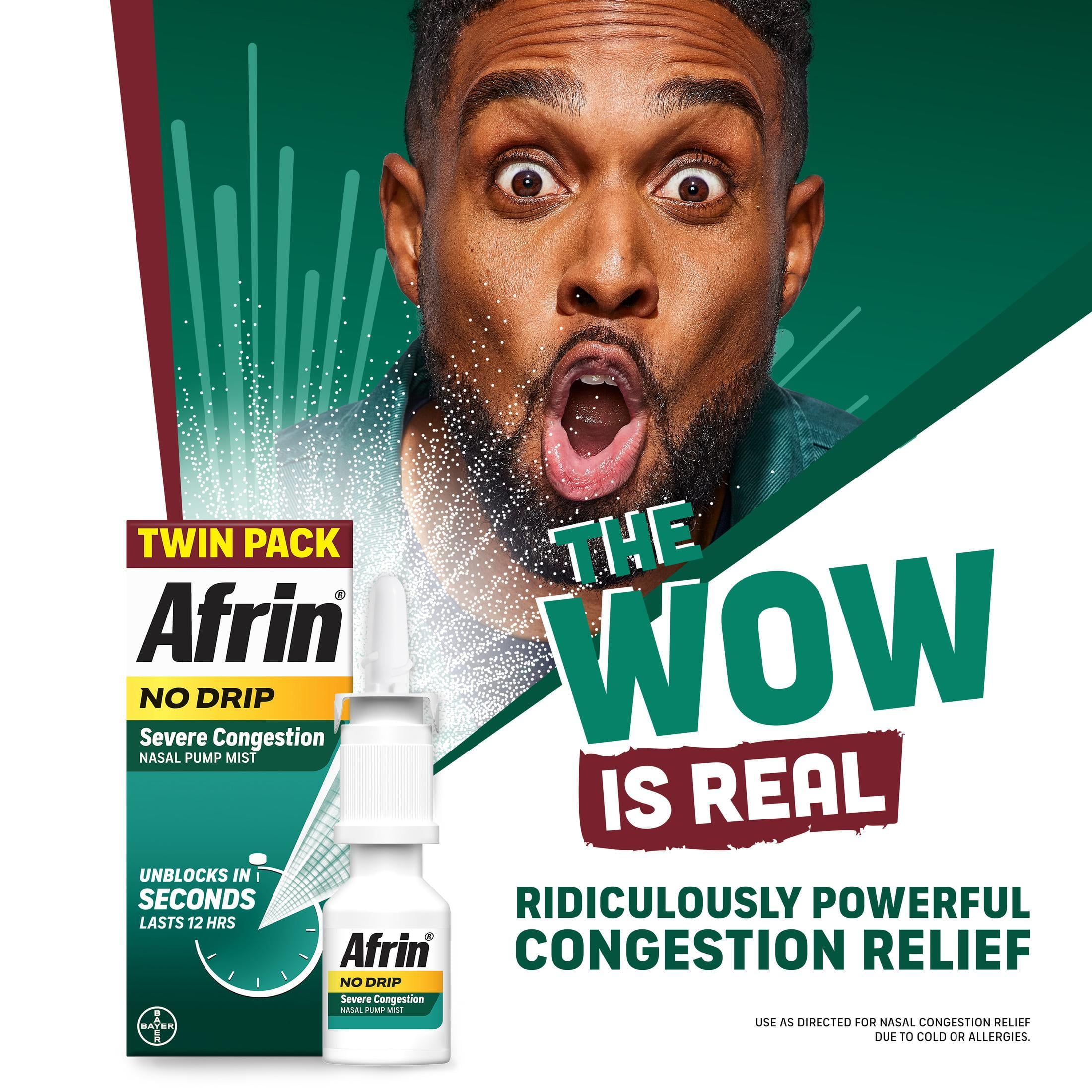 (3 pack) Afrin No Drip Severe Congestion Nasal Spray Twin Pack, Non-Drowsy, Fast-Acting Nasal Decongestant for Nasal Congestion and Sinus Pressure Relief, Adults and Children 6 and Older, .5 fl oz (Pack of 2)