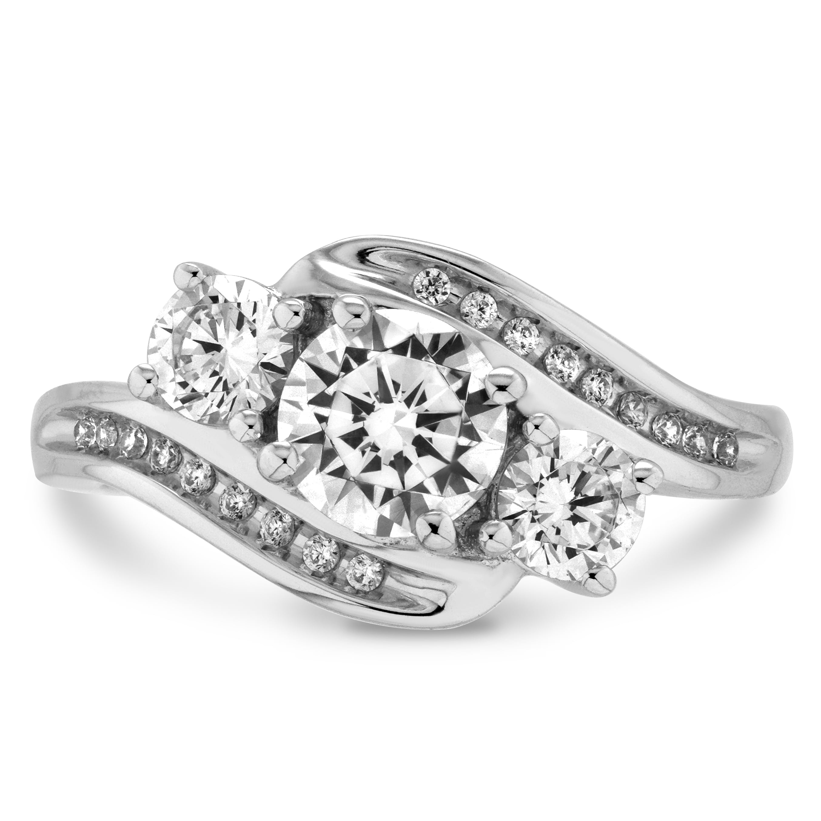 Jay Heart Designs 925 Sterling Silver 3 Stone Bypass Simulated White Diamond Ring
