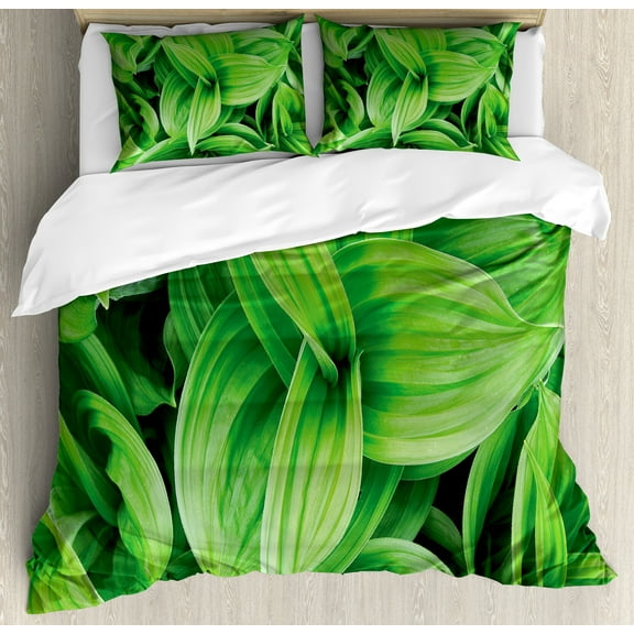 Plant Duvet Cover Set, Close-up Tropic Foliage Pattern Helleborus Leaves Natural Herbs Wildflowers, Decorative 3 Piece Bedding Set with 2 Pillow Shams, Queen Size, Lime Green, by Ambesonne