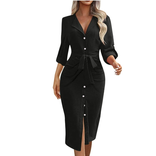 cfhntfmh Robes Décontractées pour Femmes Élégantes à Col Manches Longues Chemises Boutonnées Robe Mode Ceinturée Longueur Midi