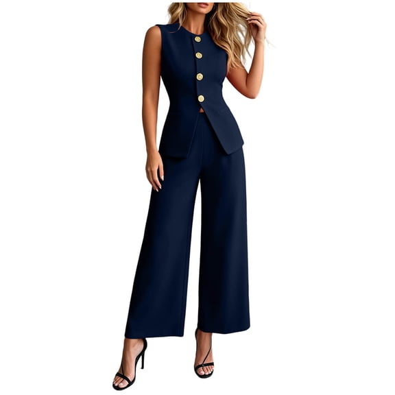 TEAJOPSUU Womens Trendy 2 Piece Suit Sleeveless Round Neck Button Down Vest Blazer High Waisted Wide Leg Pants Outfits Dressy Solid Sets Navy