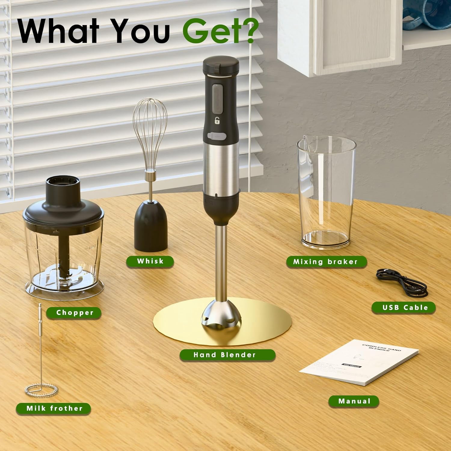 Cordless Immersion Hand Blender 5-in-1 with 2000mAh Battery, BPA-Free Stainless Steel Accessories for Smoothies and Soups