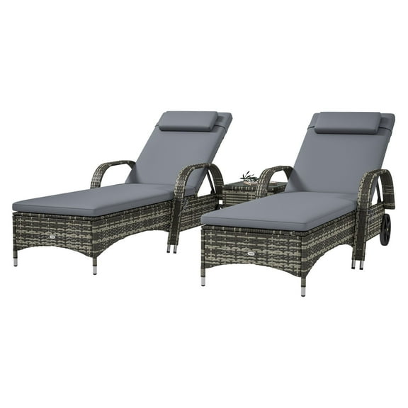 Patio Wicker Chaise Lounge Chairs Set of 2 with Table - Adjustable Backrest, Wheels, Cushions, Gray