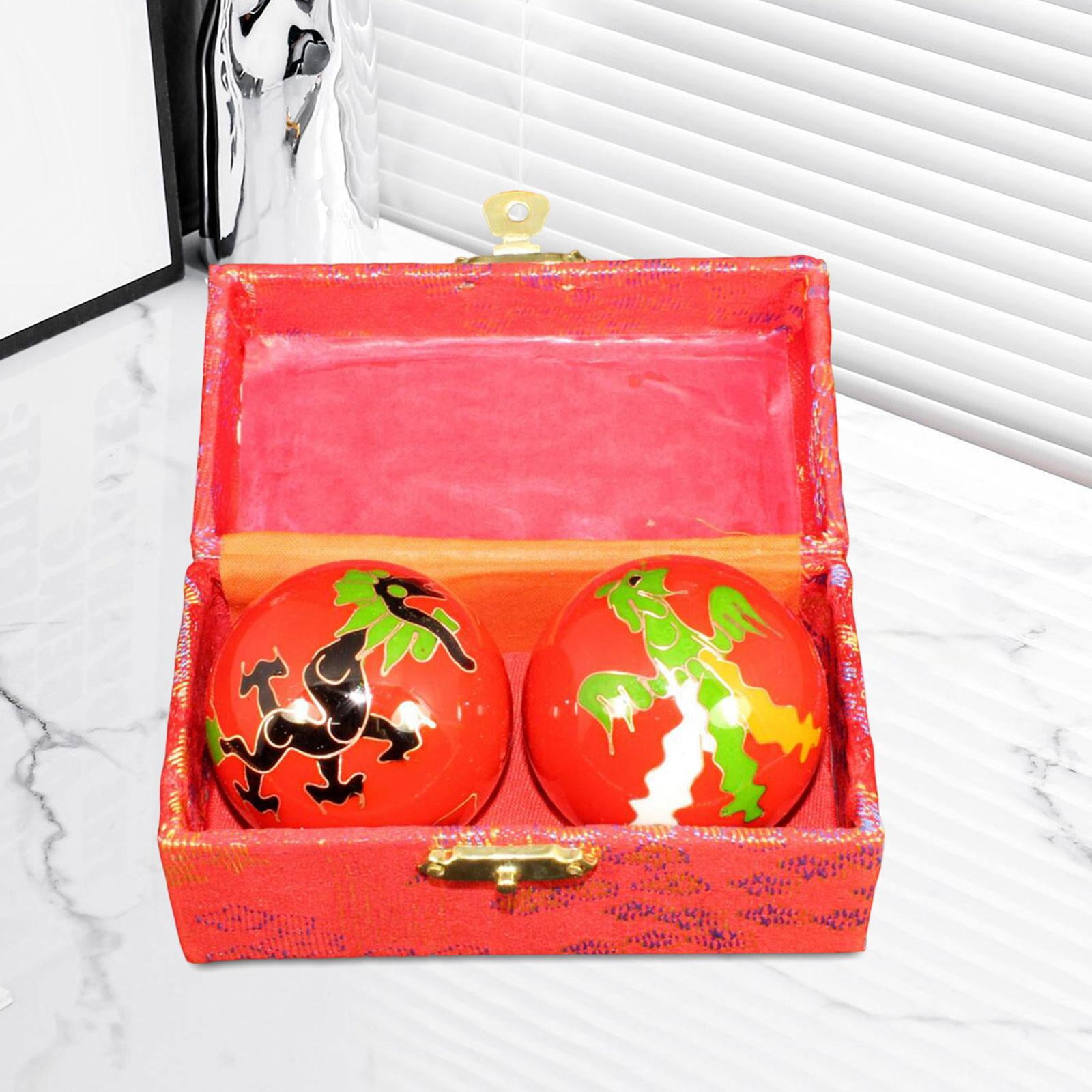 2 Pcs Massage Balls Chinese Exercise Handballs with Storage Box Durable Reusable Dragon