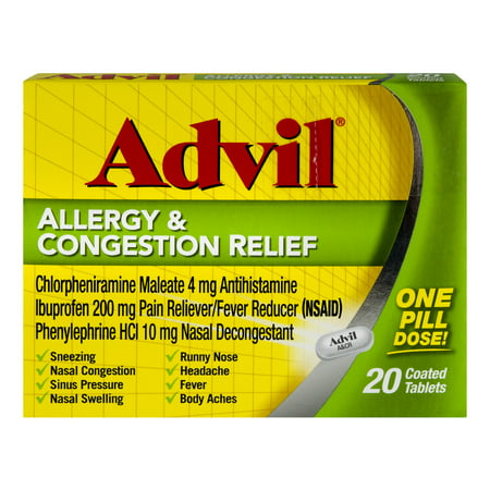 Advil Allergy & Congestion Relief (20 Count) Pain Reliever / Fever Reducer Coated Tablet, 200mg Ibuprofen, Sneezing, Nasal Decongestant, Sinus