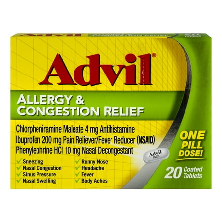 Advil Allergy & Congestion Relief (20 Count) Pain Reliever / Fever Reducer Coated Tablet, 200mg Ibuprofen, Sneezing, Nasal Decongestant, Sinus Pressure