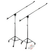 2 PACK - Professional Studio Microphone Boom Stand with Wheels by Griffin Extended Reach Height Mic Holder for Recording & Stages Tall Telescoping Arm Mount & Retractable Tripod Legs on Casters