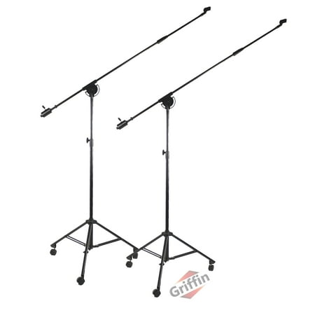 2 PACK - Professional Studio Microphone Boom Stand with Wheels by Griffin Extended Reach Height Mic Holder for Recording & Stages Tall Telescoping Arm Mount & Retractable Tripod Legs on Casters