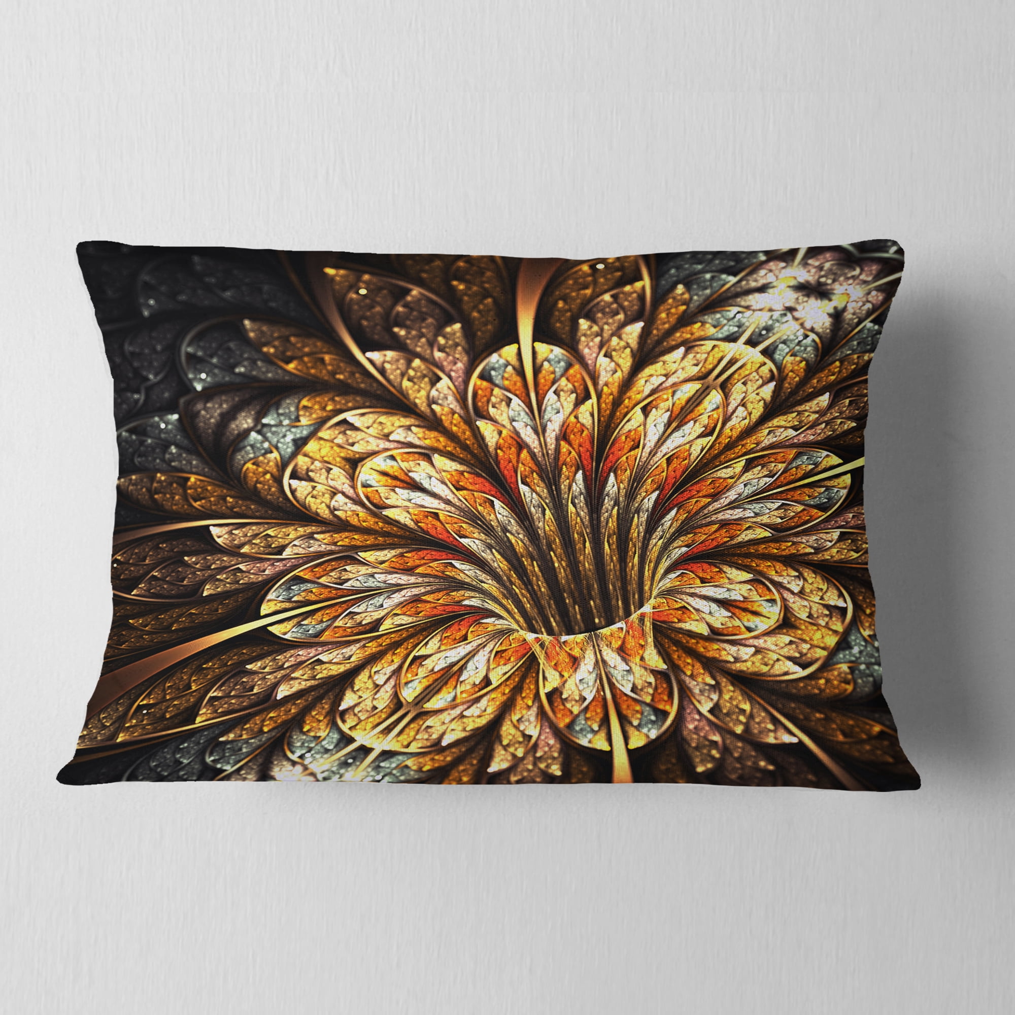 Designart Golden Shiny Fractal Flower - Floral Throw Pillow - 12x20