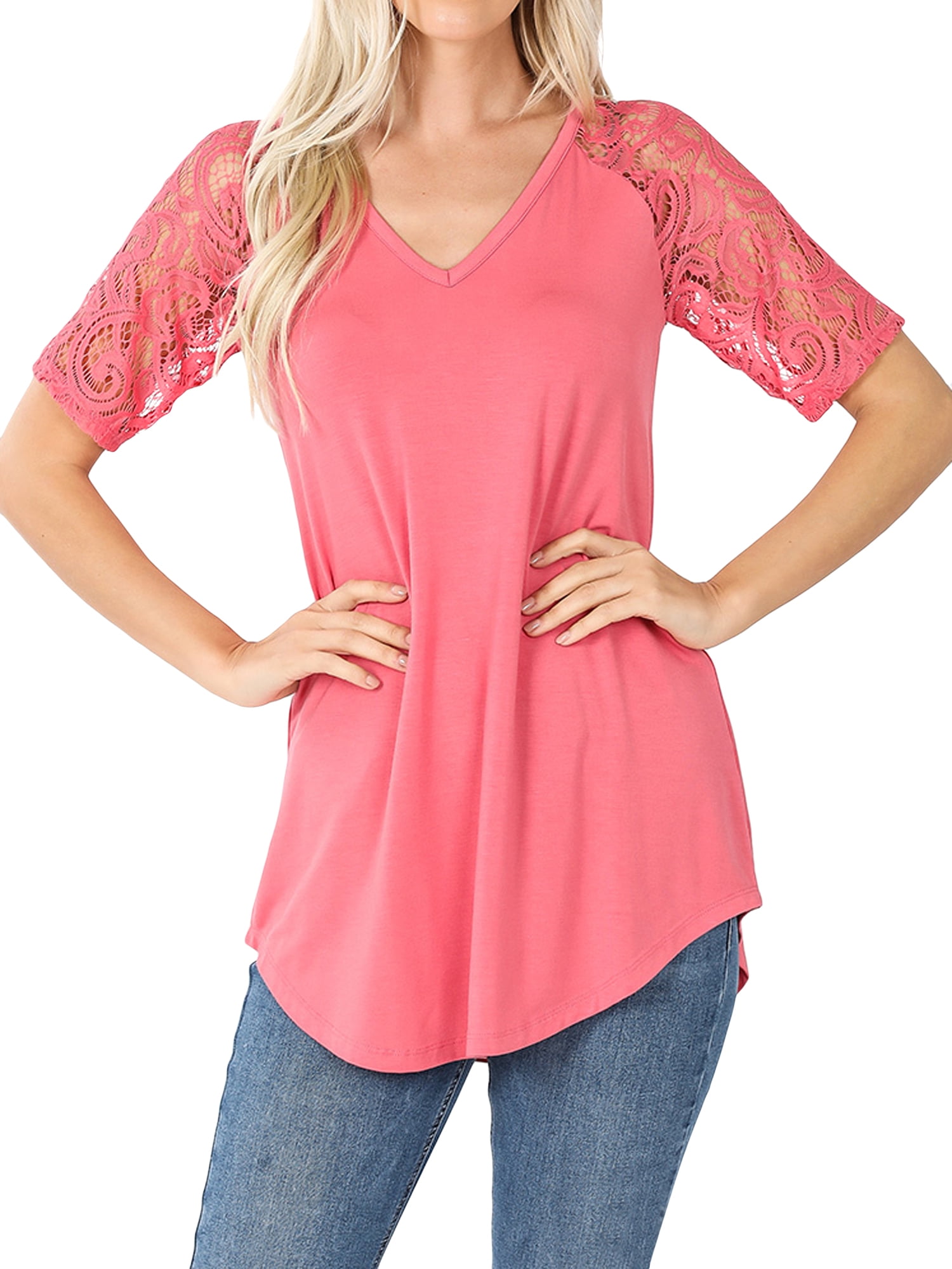 TheLovely Womens & Plus Soft Rayon Lace Short Sleeve VNeck Round Hem