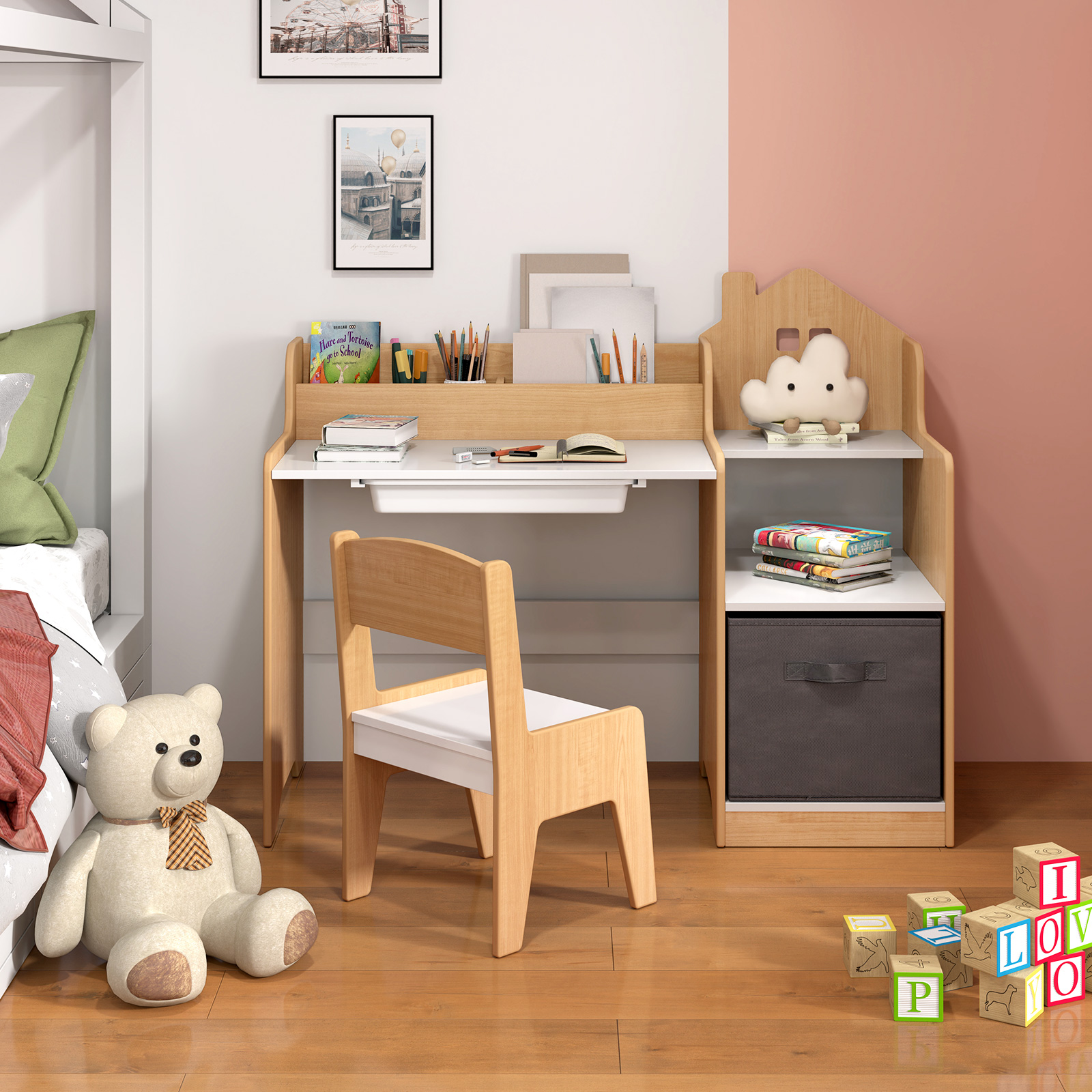Patiojoy Kids Study Desk and Chair Set Children Study Table w/Open Shelves